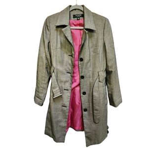Larry Levine Gray Trench Coat with Pink Interior Lightweight Size 8